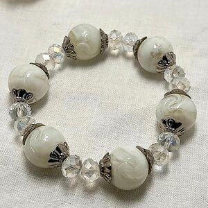 Handmade White and Iridescent Beaded Stretch Bracelet